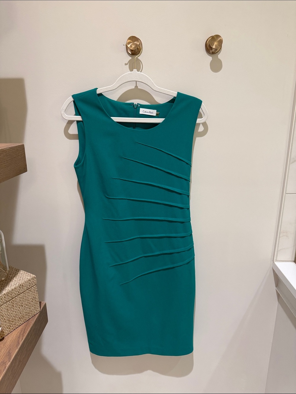 Calvin Klein Emerald Green Pleated Sheath Dress
